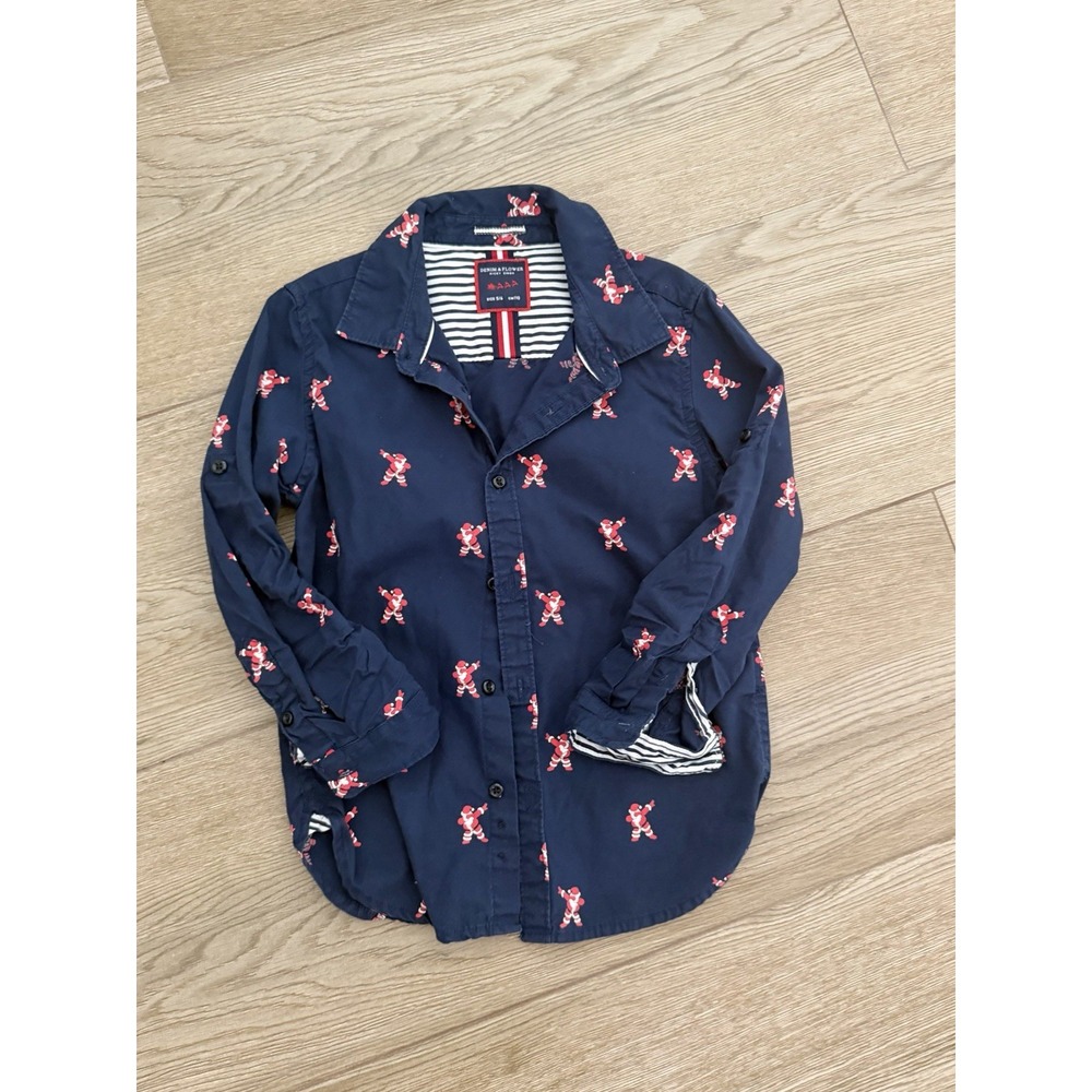 Denim & Flower Boys Size 5 Navy Santa Christmas Graphic Print Button-Up Shirt